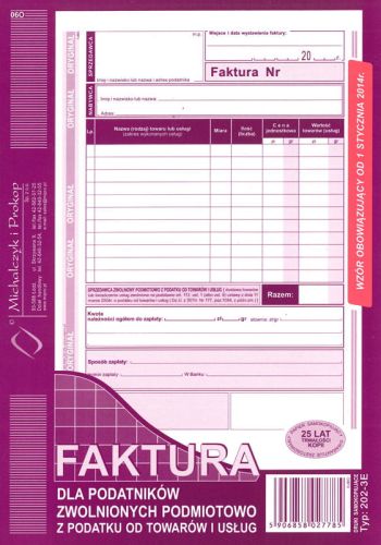 Faktura dla zwolnionych z podatku 202-3E