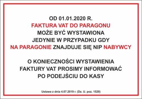 Faktura vat do paragonu tabliczka z lekkiego PCV